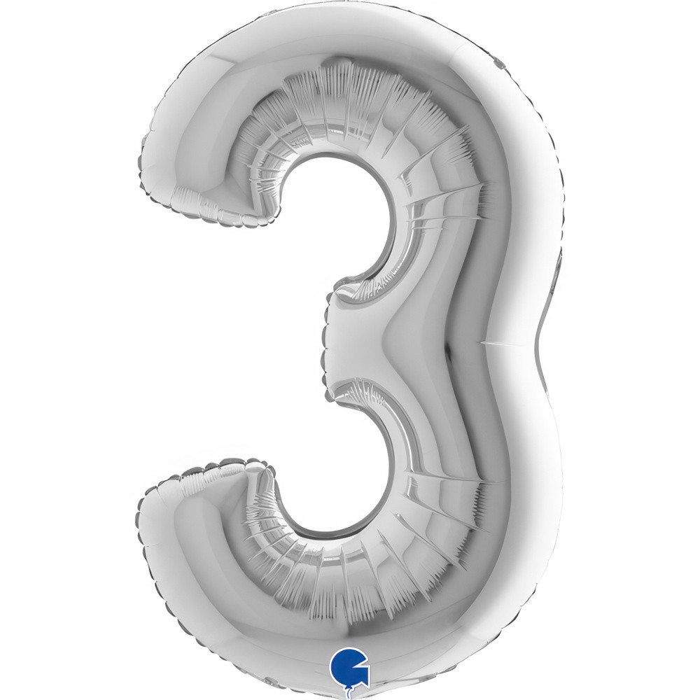 Фолиев балон - цифра 3 - сребро - 101 см